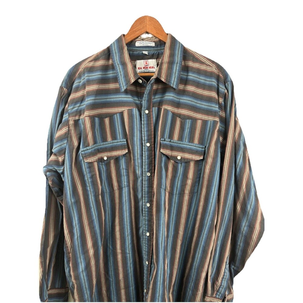 Real Work Wear Mens XLT Work Shirt Button Pearl Snaps Brown & Blue Striped